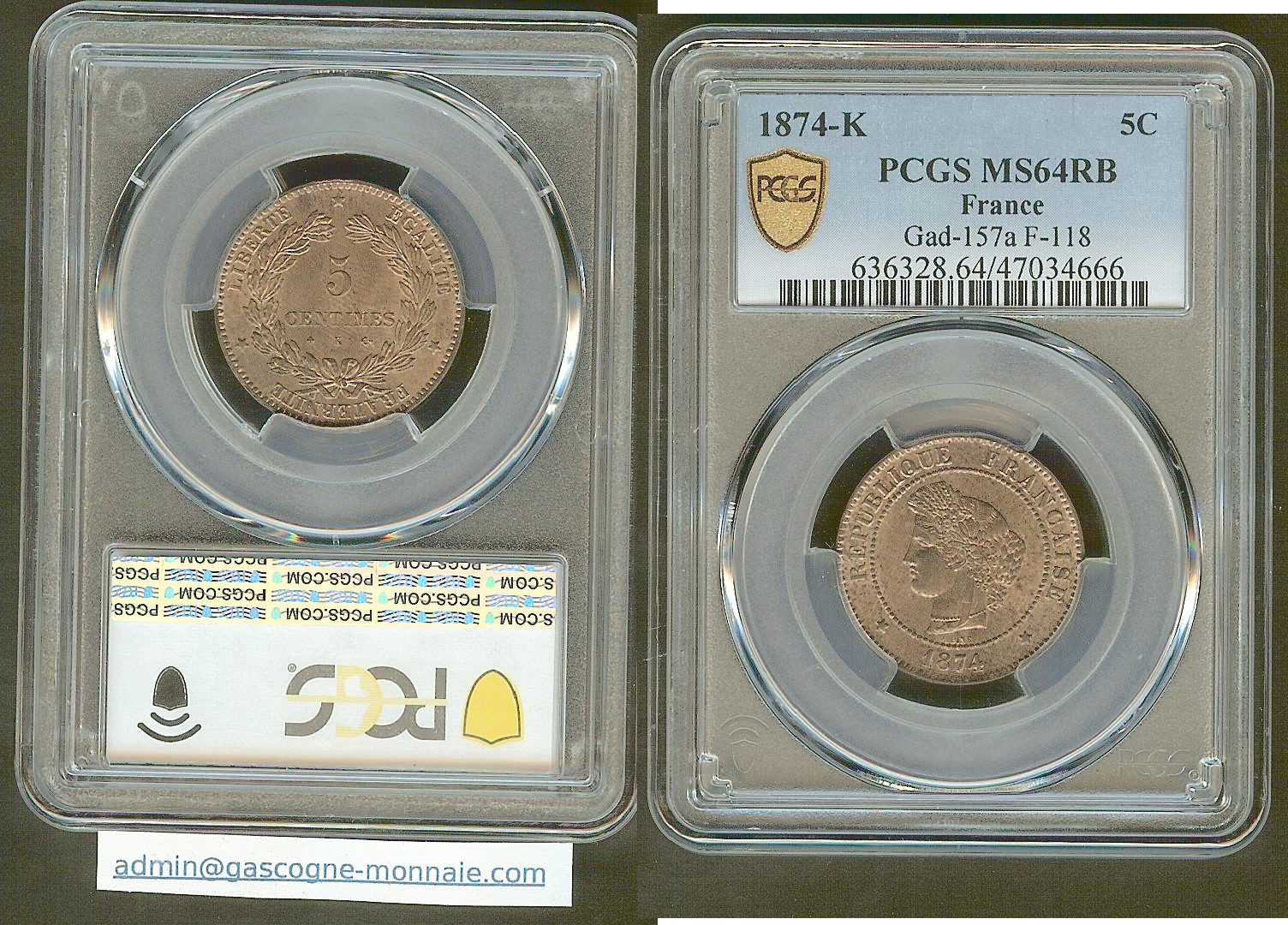 5 centimes Ceres 1874K PCGS MS64RB